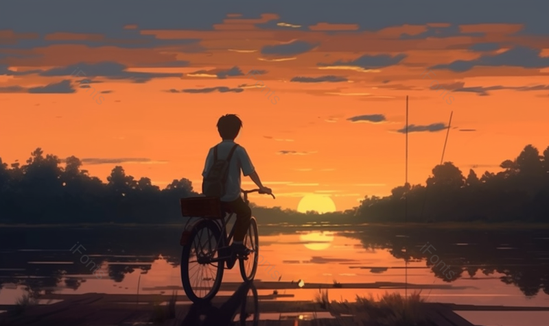 夕阳下海边骑自行车的男孩手绘插画,插画/手绘图,插画/手绘图库,插画/手绘图下载,插画/手绘